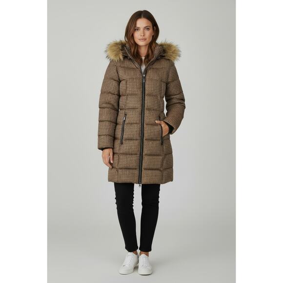 C-RO Denmark Houndstooth 2-Way Stretch Puffer Coat with Faux Fur Hood Size 4 - Picture 3 of 15